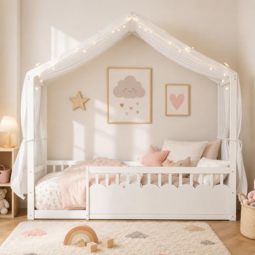 Image of Bellemave Twin House BedFrame with Canopy, Montessori House Bed with LED and Bookshelf and Rails for Kids, White
