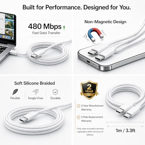 Image of 2-Pack [MFi-Certified] Non-Magnetic USB C - USB C MagCable 1m (Black + White), Soft Silicone Braided, 480Mbps Data Transfer, Compatible with iPhone, Android, MacBook, 2 Year Warranty with Registration