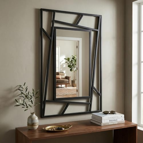 Image of Wakefit Decorative Rectangle Wall Mirror - 38 Inch | Metal Frame Wall Mirror for Living Room Bedroom Entryway Dressing Room Modern Home Decor & Gifting | Spro Black - 37.4x25.6x0.8 Inch