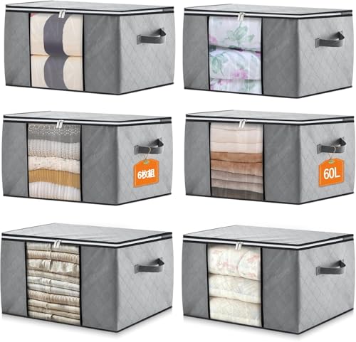 布団収納袋 衣類収納 6枚組 60L:衣装ケース 布 衣替え 収納ケース 毛布収納袋 洋服収納 衣服 衣装整理 折りたたみ式 収納ボックス 衣装収納 不織布 大型 引越しバッグ 布団収納カバン キャンプ 旅行 省スペース ビッグバッグ 寝具ケース clothes storage