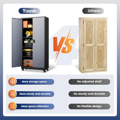 Image of Yizosh Metal Garage Storage Cabinet with Locking Doors and Adjustable Shelves,- 75 inch Rolling Steel Tool Cabinet for Home Office,Garage,Warehouse