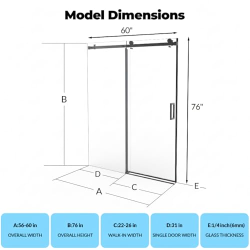 Image of Sliding Shower Door, 56-60 inch Wx76 inch H Glass Shower Door with Stainless Steel Frame, One Fixed One Sliding Panel, Matte Black, for Bathroom and Tub Installation