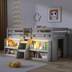 Giantex Low Loft Bed with LED Lights, Wooden Twin Loft Bed with Stairs & Safety Guardrail, Loft Bed Twin Size with Storage Bookcase and Under-Bed Play Space, Loft Bed for Kids (Grey) Giantex Low Loft Bed with LED Lights Wooden Twin Loft Bed with Stairs Safety Guardrail Loft Bed Twin Size with Storage Bookcase and Under Bed Play Space Loft Bed for Kids Grey