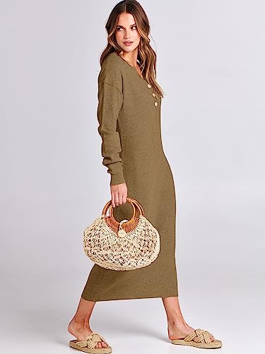 Image of ANRABESS Women Long Sleeve Button V Neck Oversized Casual Loose Fit Waffle Knit Fall Midi Sweater Dress 2026 Trendy Outfits
