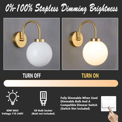 Image of Mid Century Wall Mounted Light Fixture 1 Light Vintage Gold Sconces Wall Lighting White Glass Globe Antique Brass Wall Lamp for Living Room Bedside Stairs Bathroom Mirror MCL12GD-1 (1pack)