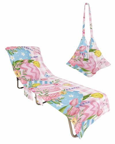 Spring Easter Beach Lounge Chair Towel Cover, Soft Chaise Lounge Towel with Side Pockets Patio Pool Chairs Cover for Beach/Pool Sunbathing 29x85 Pink Plaid Floral Botanical Easter Eggs