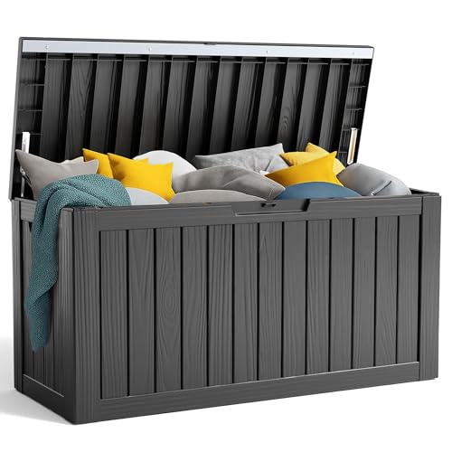 90 Gallon Resin Deck Box, Lockable Patio Outdoor Storage Box for Furniture, Garden Tools and Tools Storage, Waterproof Outside Storage Box – Black