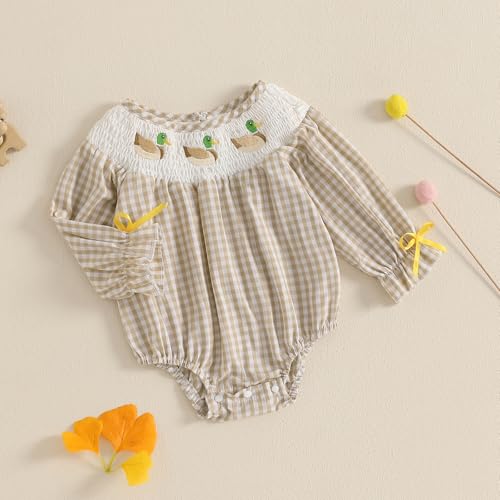 SAYOO Baby Girls Duck Romper Mallard Duck Embroidery Smocked Bubble Romper Bodysuit Newborn Infant Toddler Hunting Outfit2