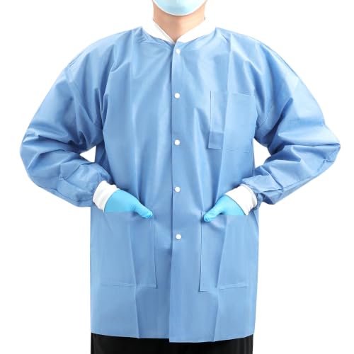 Image of JMU 10-100 Pack Disposable Lab Coats, SMS Disposable Medical Jackets | Disposable Lab Coats for Men and Women, Knit Cuffs Collar, 3 Pockets