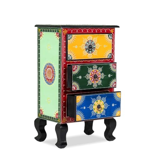 Image of Wooden Bedside Table for Bedroom | 3 Drawer Side Table | Handpainted Rajasthani Chest of Drawers | Solid Wood Small Bedside Table with Drawer Storage for Living Room (Handpainted-2)