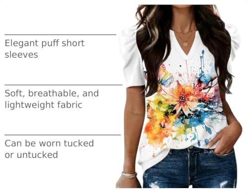 Image of LOMON Spring Summer Tops for Women 2026 V Neck Puff Short Sleeve Tops Fashion Trendy Work Blouses Dressy Casual S-XXL