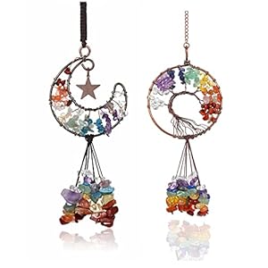 Jovivi 2pcs Tree of Life Chakra Stones Hanging Ornament Moon and Star Tumbled Gemstone Healing Crystals Stone Decor for Wall Art Hanger Ornament Christmas Gifts