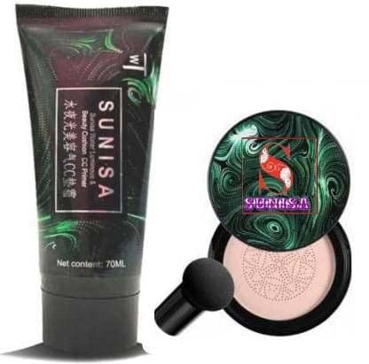 SUNISA BB and CC Cream Foundation With Mushroom Head Air Cushion 20g and 1 SUNISA WaterProof Primer – (Pack of 2)