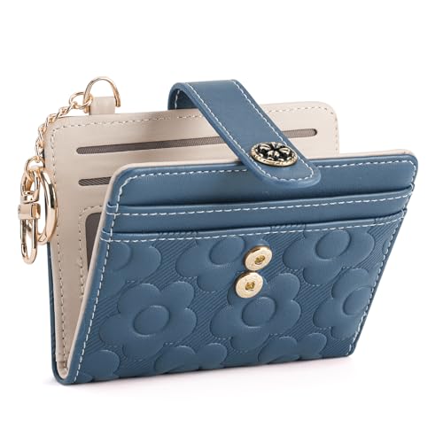 Image of RFID Wallet Women,Slim Small Wallets Embossed Flower Leather Bifold Compact Ladies Girls Wallet with Credit Card Holder Zipper Coin Pocket Peacock Blue