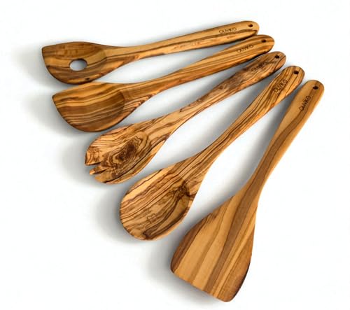 OLIVIKO 100% Olive Wood HAND MADE 5 Spoon Set | Ideal for Nonstick Cookware & Kitchen Utensils...