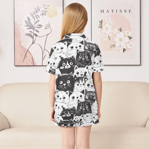 ALAZA Black White Cat Animal Kitten Satin Pajamas Set Short Sleeve Button Down Sleepwear Summer Pjs 2 Piece4