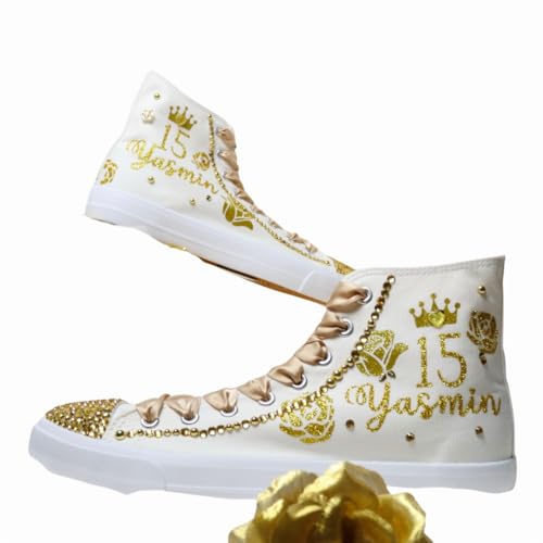 Flowers Quinceañera Party Shoes Sneakers for Girl Personalized Tennis Gift Mis XV Bling Zapatillas Decor Letter Shoes (7, Gold) - Main Image