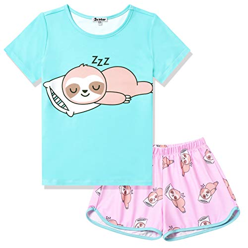 Jxstar Blue Sloth Pajamas Princess Girls Pj Sets Short Sleeve Night Shirt,Size 8 9