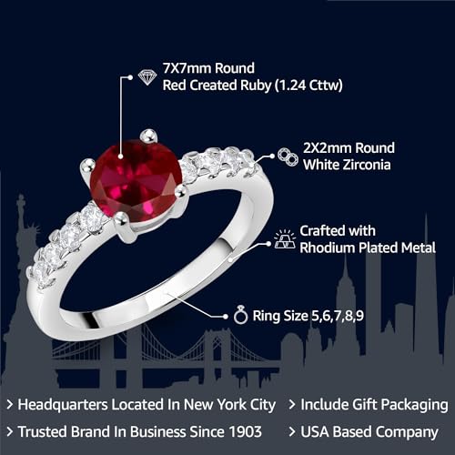 Gem Stone King Red Created Ruby Engagement Anniversary Promise Ring For Women (1.24 Cttw, Gemstone July Birthstone, Round 7MM, Available in Size 5,6,7,8,9)2