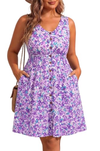 Image of Holipick Women's Plus Size Summer Dresses for Women Casual Dress with Pockets A-Line Swing Button Down Sleeveless V Neck