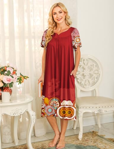 Image of Bloggerlove Mumu House Dress for Women with Pockets Short Sleeve Nightgowns | 15% Cotton, 80% Polyester, 5% Spandex, Floral Mumu House Dress, V-Neck, Short Sleeves, Midi Length, 2 Side Pockets, Lounging