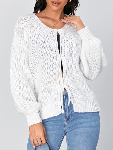 Verdusa Women's Bow Tie Front Bishop Long Sleeve V Neck Knitted Cardigan Sweater4