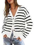 MEROKEETY Women's 2024 Long Sleeve Fall Cardigan Sweaters Striped Button Down V Neck Open Front Knit Outerwear, White, S