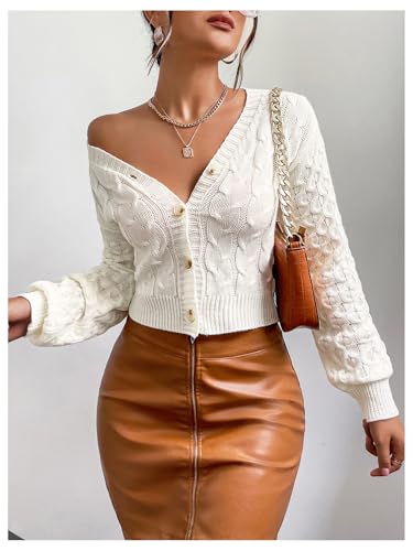 OYOANGLE Women's Cable Knit Cropped Cardigan V Neck Button Down Long Sleeve Sweater Outerwear2