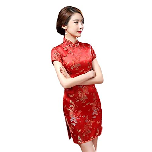 Black Sugar Robe Qipao Courte à Petites Manches et Motif Dragon Brocart Cheongsam Tunique (Rouge, XXL)