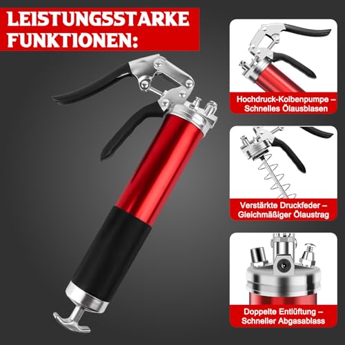 lisetar Fettpresse für Schmiernippel, 8000 PSI Hochleistungs Fettpresse Set mit Schnellkupplung, Mundstück und Fettnadeldüse, Fettpresse für 400g Fettkartusche mit Flexschlauch und Metallrohr
