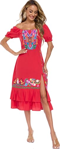 Image of YZXDORWJ Mexican Dress for Women Boho Embroidered Sexy Ruffle Maxi Dress Short Sleeve Summer Beach Wedding Party Dress