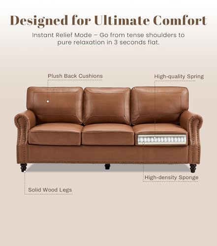 Image of Kingfun 3 Seater Sofa, Mid-Century Modern Faux Leather Couch Set for Living Room, Brown with Rolled Arms & Nailhead Trim, Easy Assembly