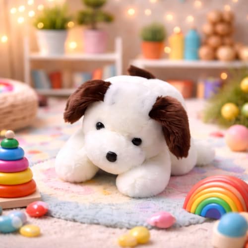 Image of EITHEO Cute Plush Puppy Soft Toy for Kids - White Dog Teddy Bear with Brown Ears, Ultra Soft Stuffed Animal for Boys & Girls, Birthday Gift, Home Decor, Washable, 25 cm