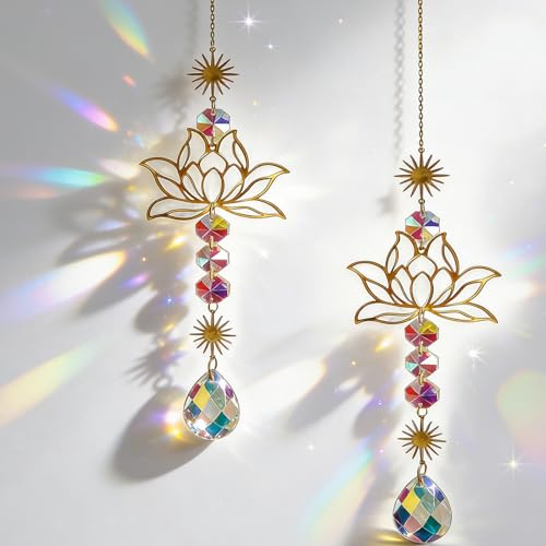 2 Stück Sonnenfänger Lotusblume mit Kristallprisma Suncatcher Kristall zum aufhängen für Frühlingsdeko Fensterdeko Hängend Lichtfänger für Zuhause Büro Auto und Garten