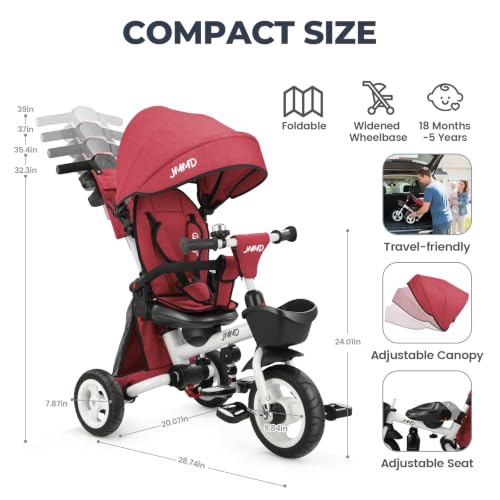 Image of JMMD 8-in-1 Foldable Toddler Tricycle for Ages 1-5, Portable Trike Stroller