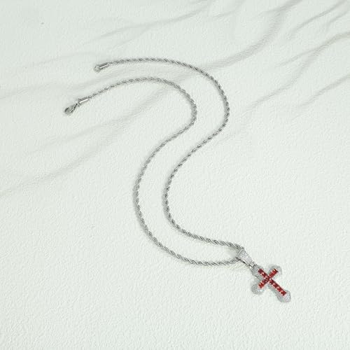 Silver Cross Necklace for Men with Red Crystal Inlay, Hypoallergenic Silver Necklace for Men, Fade-Resistant, Stylish Gift for Men