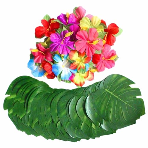 SLAXJNE 60 peças de decorações para festas tropicais, decorações para festas havaianas, decorações para palmeiras, decorações para mesa, decorações de flores de hibisco