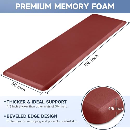 Image of 4 /5 Inch Thick Kitchen Mats for Floor, StepRite Kitchen Rug for Standing Desk, Non-Slip, Thicker, Stain & Water Resistant, Comfort Anti Fatigue Floor Mat for Home, Kitchen, Office - Red,108 * 30''