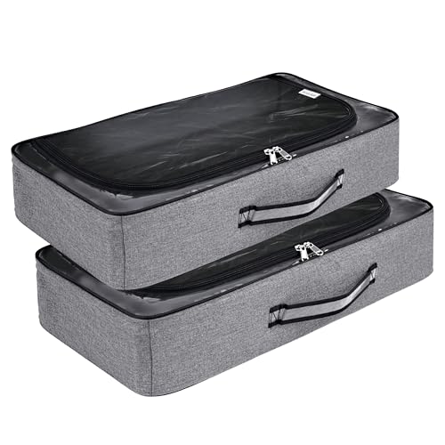 Image of Storite 2 Pack Small Foldable Underbed Storage Bag - Clothes Comforters Breathable Zippered Organizer for Bedroom with Transparent Window and Carry Handles (60x30x15 cm - Grey)