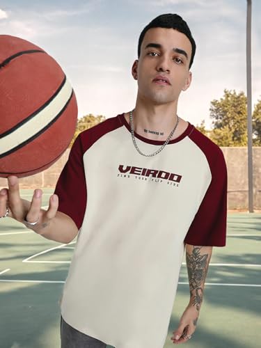 Image of Veirdo 100% Pure Cotton Oversized Loose Baggy Fit Drop Shoulder Round Neck Cool Front Chest Typographic Logo Printed Raglan Sleeve T-Shirt for Men (Colors: White, Black, Swanwhite, Beige & Grey)