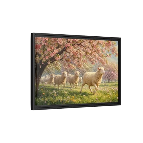 Toile nature mouton rose style impressionniste avec cadre noir épais de 3 cm