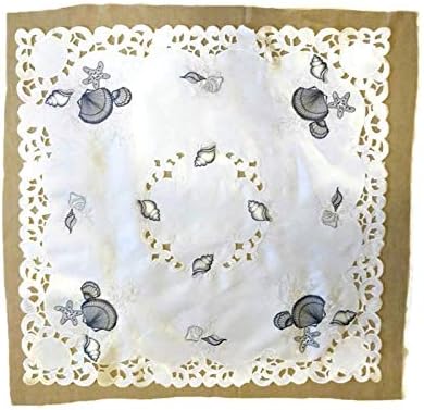 Mantel o mantel cuadrado bordado con conchas azules sobre material blanco blanqueado, tamaño 34 pulgadas