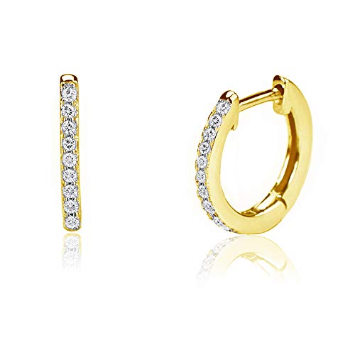 Cubic Zirconia Cuff Earrings Sterling Silver 14k Gold Plated Small Hoops Round Huggie Stud for Women Girls (Yellow Gold)