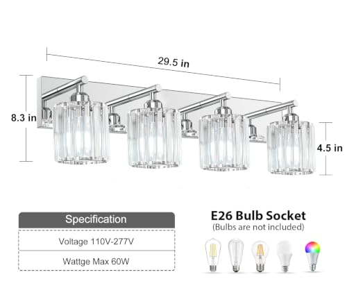 Image of Brushed Chrome Crystal Bathroom Vanity Light, 4-Light Modern Bathroom Lighting Fixtures Over Mirror,Chrome Wall Sconce Light Fixtures with Round Shade