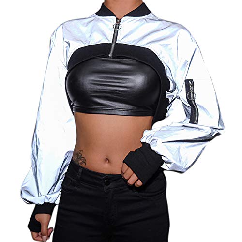 Women Sexy Long Sleeve Zipper Bomber Jacket Gray Reflective Crop Top Coat Short
