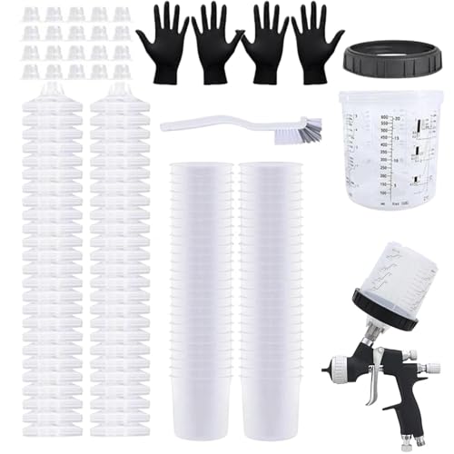 Vasos pulverizadores de pintura, vaso mezclador pulverizador de pintura, vaso de pintura para coche de 600 ml, incluye 1 vaso duro con anillo de soporte, 50 vasos, 50 tapas, 20 tapones y 1 par de