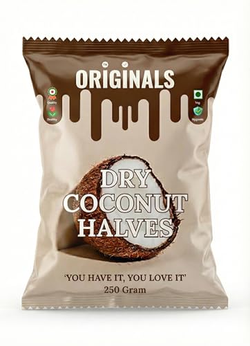 Image of ORIGINALS Premium Dry Coconut Halves (आधा नारियल) 250g Natural Sun-Dried Fresh Fibre-Rich & Aromatic Suitable for Desserts chutneys and Sweets