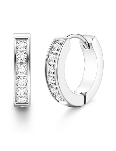 FIBO STEEL 13MM Stainless Steel Small Hoop Earrings for Men Women Huggie Earrings CZ Inlaid Silver-Tone