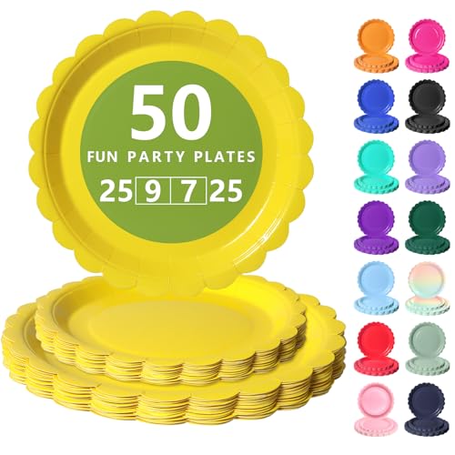 Nkaiso Assiette Jetable Festonnées, 50 Pièces Jaune Vaisselle en carton - 25 Assiettes Plateaux...