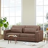 KISLOT 89' Sofa Couch for Living Room Faux Leather Upholstered Couch with Deep Seats and Wide Armrests 3 Seater Comfy Sofa with Cup Holders, USB & Type-C Ports, Spring Cushion, Solid Wood Frame Brown